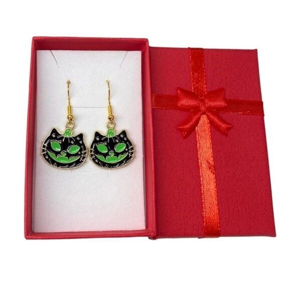 Pumpkin Black Cat Green Jack-O-Lantern Enamel Earrings - Picture 1 of 5